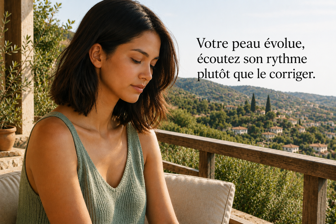 Femme observant sa peau sur une terrasse ensoleillée, illustrant les variations naturelles d’épaisseur, de densité et de réactivité de la peau au fil du temps.