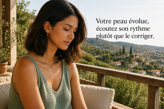 Femme observant sa peau sur une terrasse ensoleillée, illustrant les variations naturelles d’épaisseur, de densité et de réactivité de la peau au fil du temps.