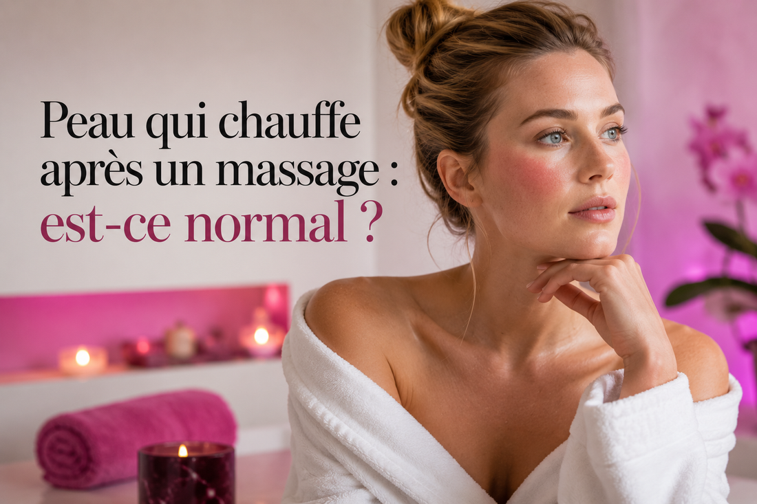 Femme nordique dans une ambiance spa aux tons fuchsia avec légère rougeur naturelle sur les pommettes après un massage du visage, illustrant une réaction cutanée et la chaleur après stimulation – Bellasteria