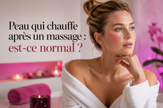 Femme nordique dans une ambiance spa aux tons fuchsia avec légère rougeur naturelle sur les pommettes après un massage du visage, illustrant une réaction cutanée et la chaleur après stimulation – Bellasteria