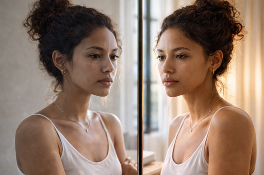 femme metisse miroir lumiere naturelle visage nuance peau fatiguee ou terne Bellasteria