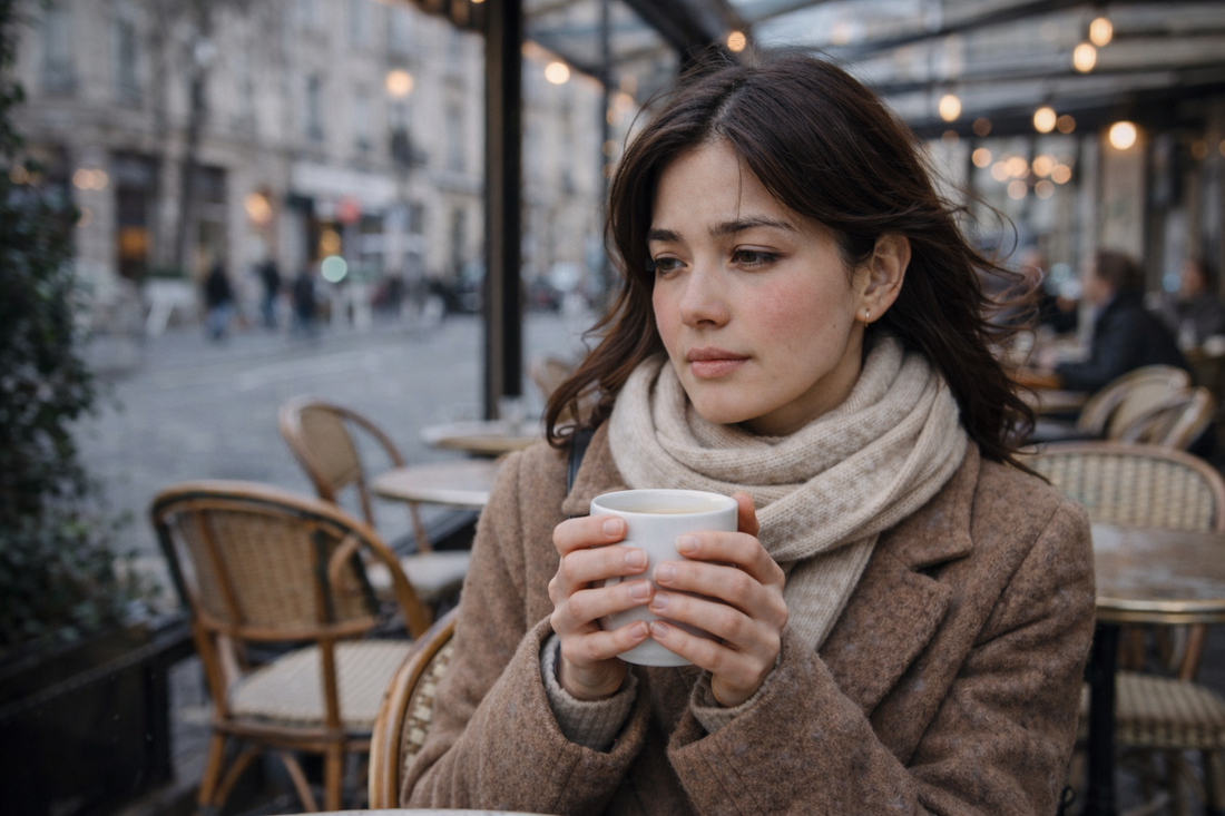 femme peau claire tenant une tasse chaude en hiver peau fine qui tiraille sensation de froid