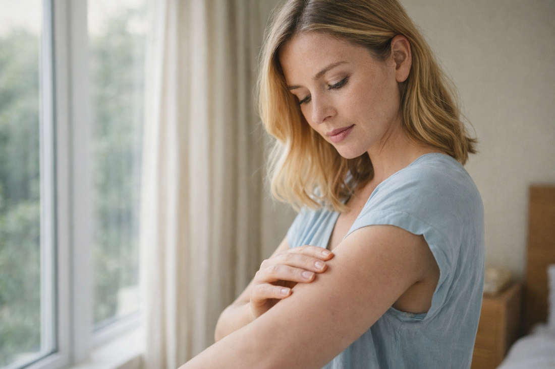 Femme blonde regardant un bleu léger sur son bras près d’une fenêtre peau qui marque facilement sans raison apparente