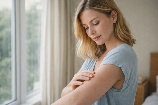 Femme blonde regardant un bleu léger sur son bras près d’une fenêtre peau qui marque facilement sans raison apparente