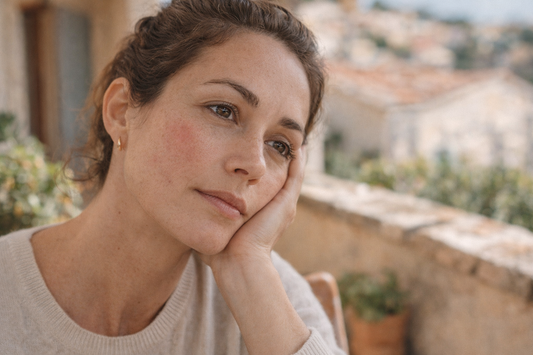 femme observant une légère marque sur sa joue après pression peau réactive visage lumière naturelle ambiance soin bellasteria