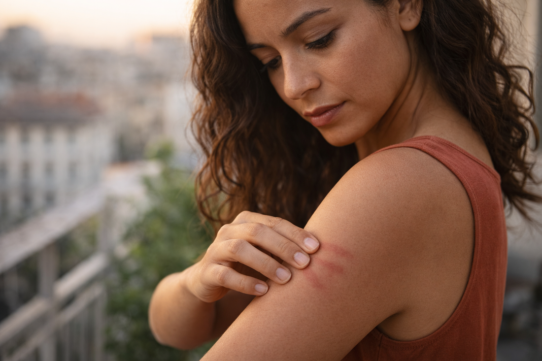 Femme observant une trace rouge laissée par une pression sur son bras peau réactive marque immédiate contact léger