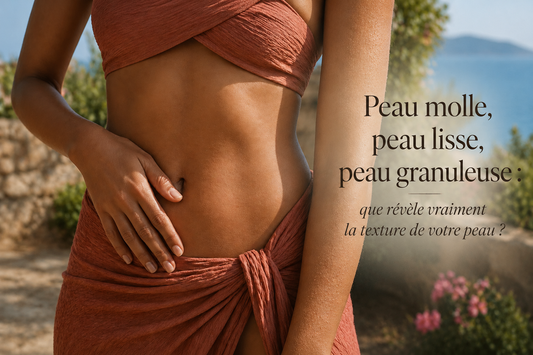 Texture de peau sur le ventre et le bras d'une femme illustrant les différences entre une peau molle, une peau lisse et une peau granuleuse dans un environnement méditerranéen lumineux.