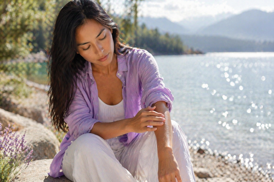 femme observant peau qui ne change plus lumiere naturelle calme