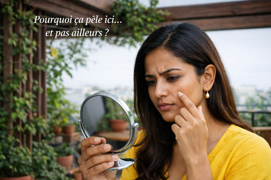 Femme indienne en terrasse observant une zone de peau qui pèle sur son visage dans un miroir, lumière naturelle et environnement urbain végétalisé