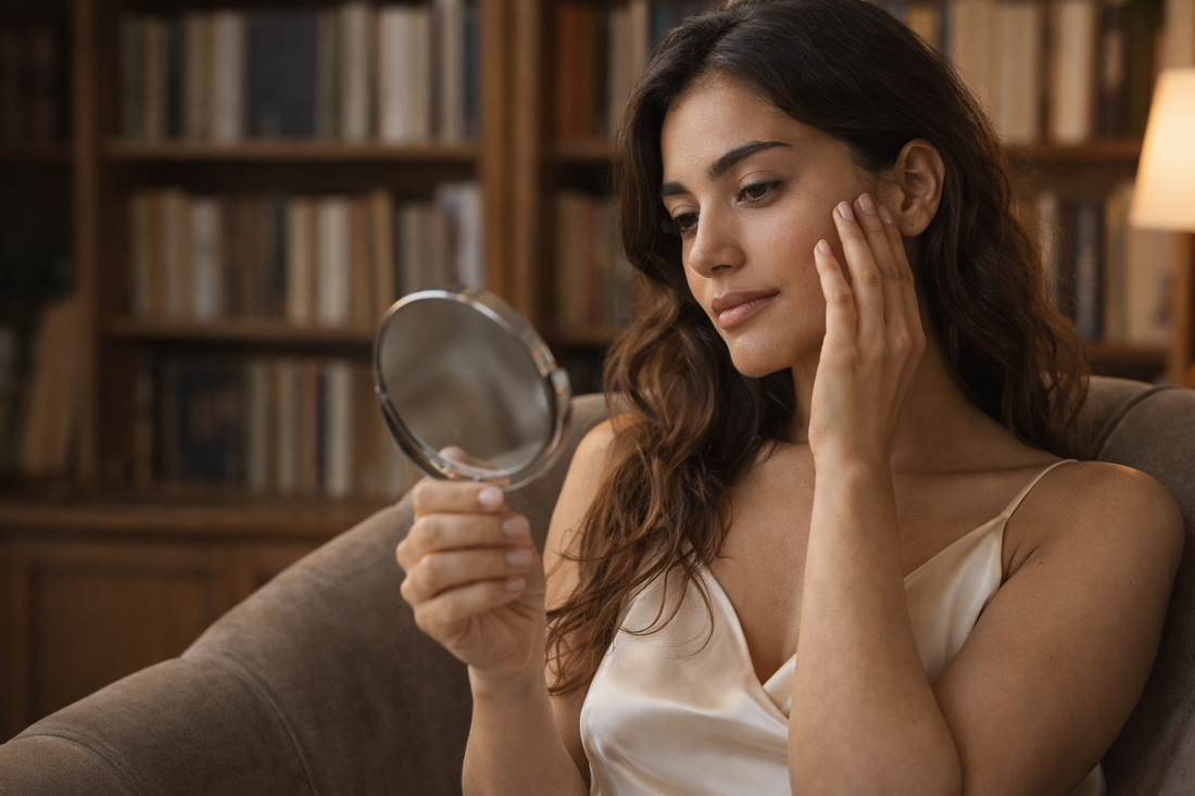 femme turque observant la peau de son visage dans un miroir illustrant la phase invisible d adaptation de la peau dans une routine de soins visage