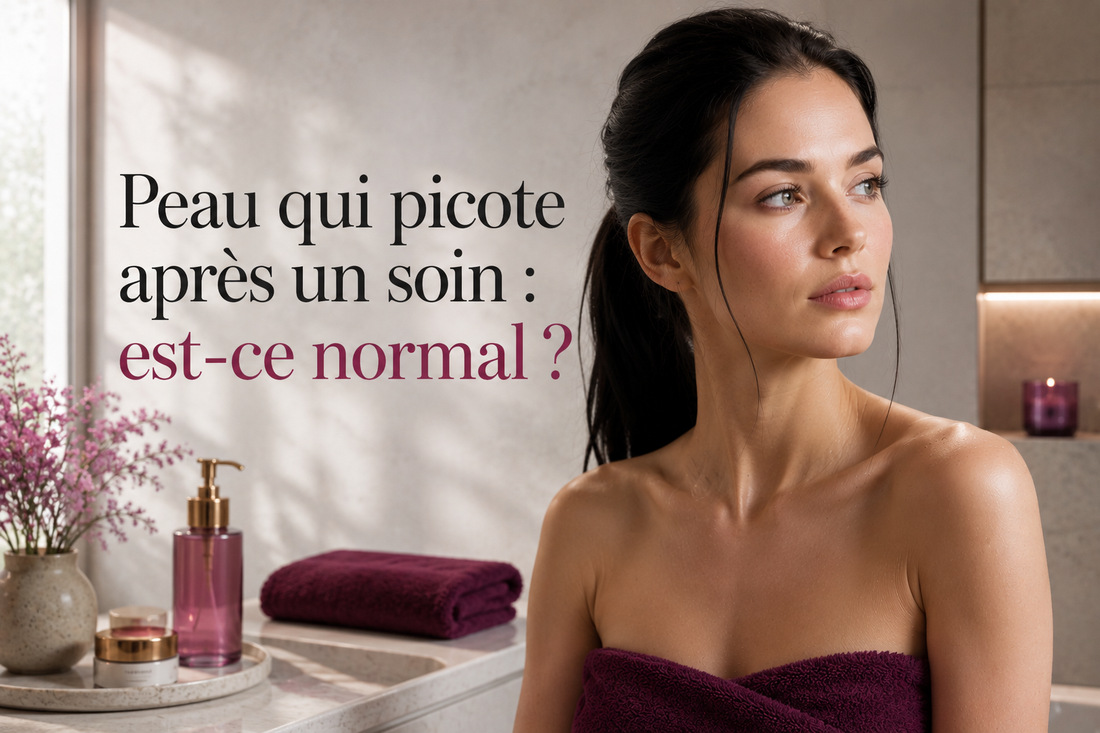Femme slave aux cheveux noirs dans une salle de bain spa premium avec serviette prune et légère sensibilité visible sur les pommettes, illustrant une peau qui picote après un soin – Bellasteria