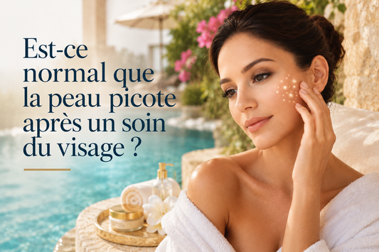 Femme dans un spa extérieur au bord d’une piscine, touchant sa joue après un soin du visage, illustrant les picotements et réactions temporaires de la peau après une stimulation cutanée.