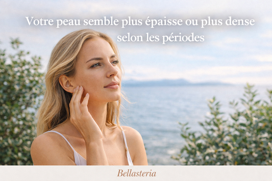 femme blonde en extérieur observant sa peau sensation peau plus épaisse ou plus dense selon les périodes visage lumière naturelle Bellasteria