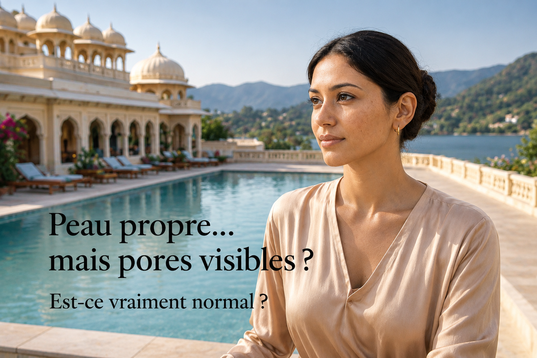 Femme au teint lumineux près d'une piscine avec une peau propre et des pores naturellement visibles, illustrant pourquoi des pores apparents peuvent être normaux malgré une bonne routine de soins du visage.