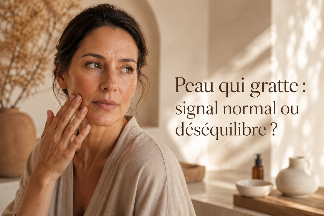 Femme observant sa peau avec une légère inquiétude, illustrant une démangeaison cutanée et la différence entre un signal normal et un déséquilibre de la peau.