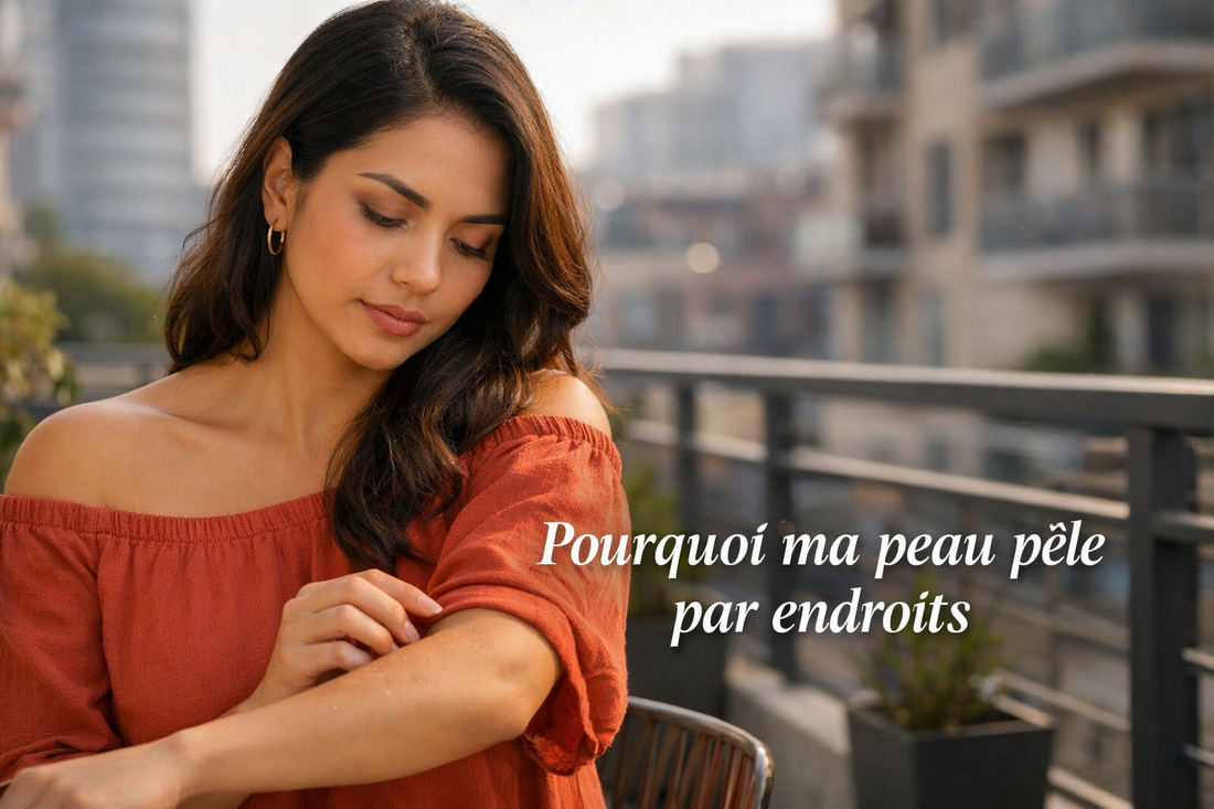 Femme observant une zone de peau qui pèle sur le bras en extérieur urbain avec lumière naturelle douce