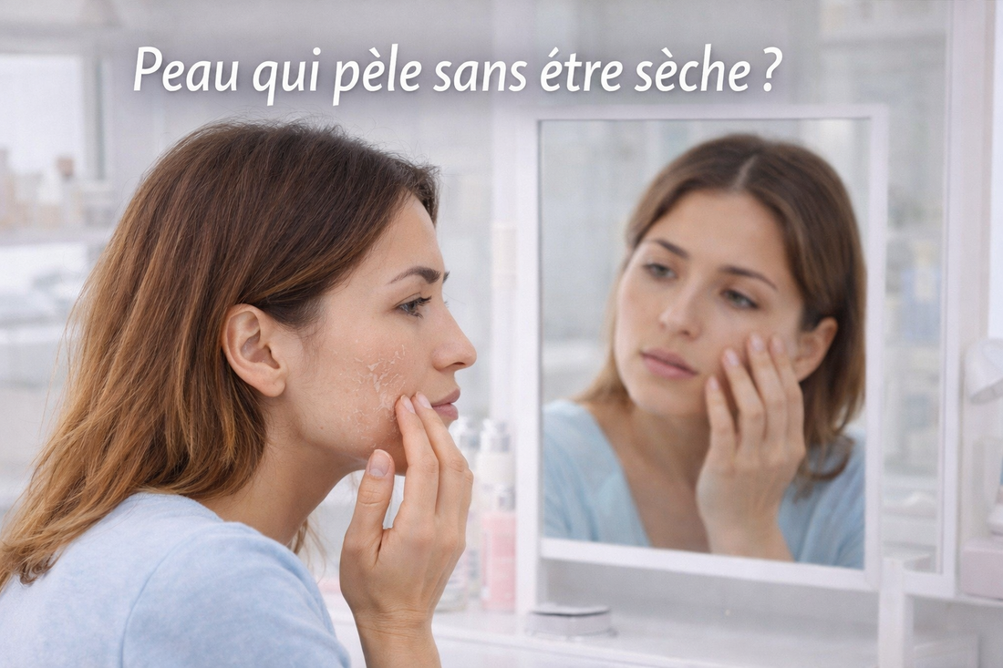 Femme observant une zone de peau qui pèle sur le visage devant un miroir en lumière naturelle douce