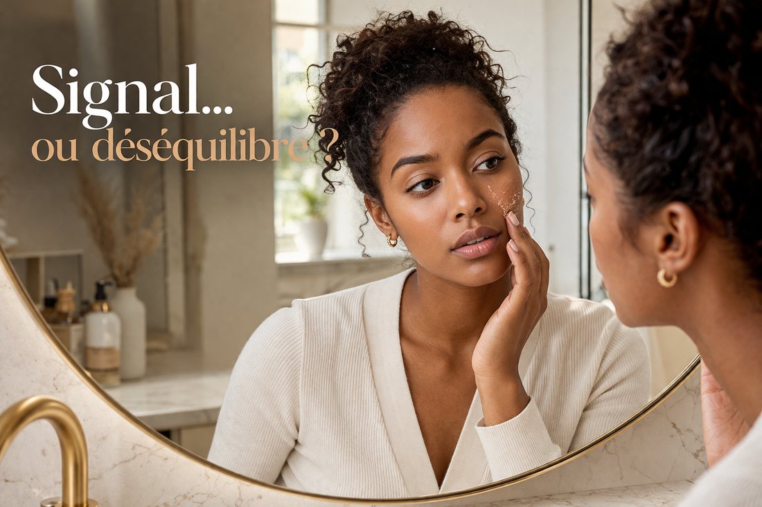 Femme afro-américaine observant une zone de peau qui pèle dans un miroir de salle de bain, questionnant un signal ou un déséquilibre cutané