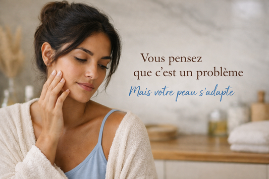 femme observant peau visage sensation picotement salle de bain lumiere naturelle comprendre signal peau adaptation