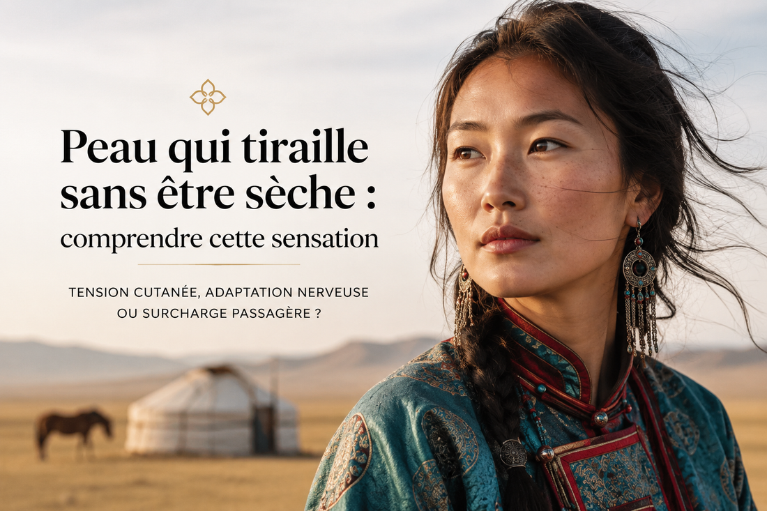 Jeune femme mongole au teint naturel dans les steppes illustrant une peau qui tiraille sans être sèche et la compréhension de cette sensation cutanée.