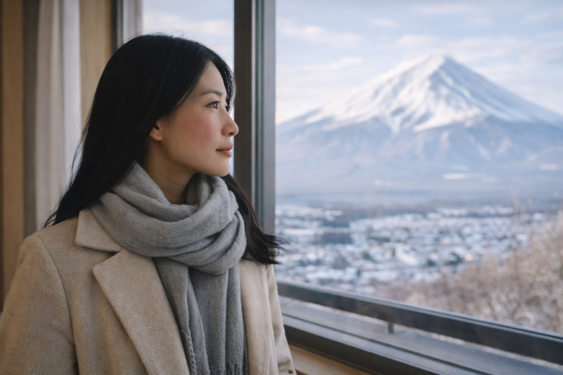 femme japonaise observant sa peau apres exposition au froid pres d une fenetre avec paysage hivernal
