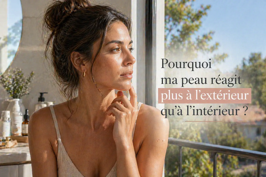Femme observant sa peau près d’une fenêtre avec lumière naturelle, illustrant une peau qui réagit différemment entre intérieur et extérieur