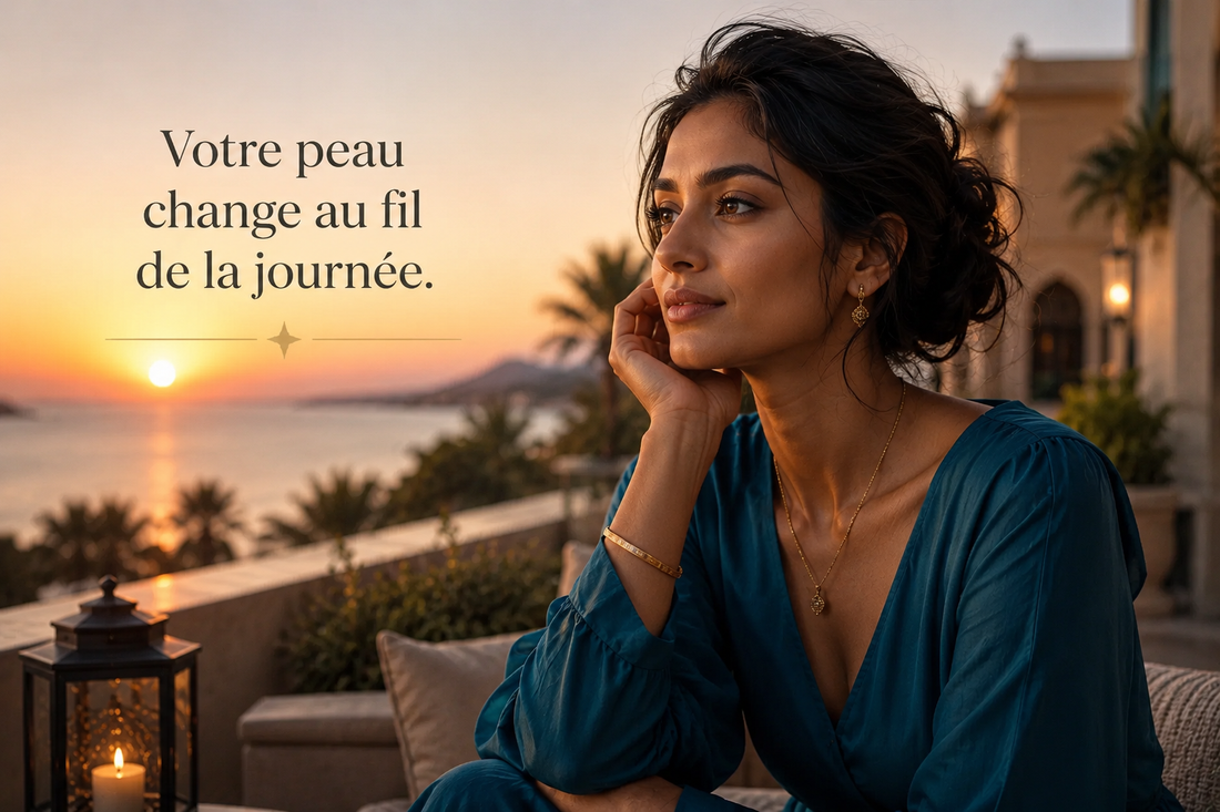 Femme indienne en tenue bleu pétrole observant le coucher du soleil depuis une terrasse d’hôtel, illustration des variations de réactivité de la peau au fil de la journée.