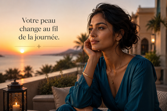 Femme indienne en tenue bleu pétrole observant le coucher du soleil depuis une terrasse d’hôtel, illustration des variations de réactivité de la peau au fil de la journée.