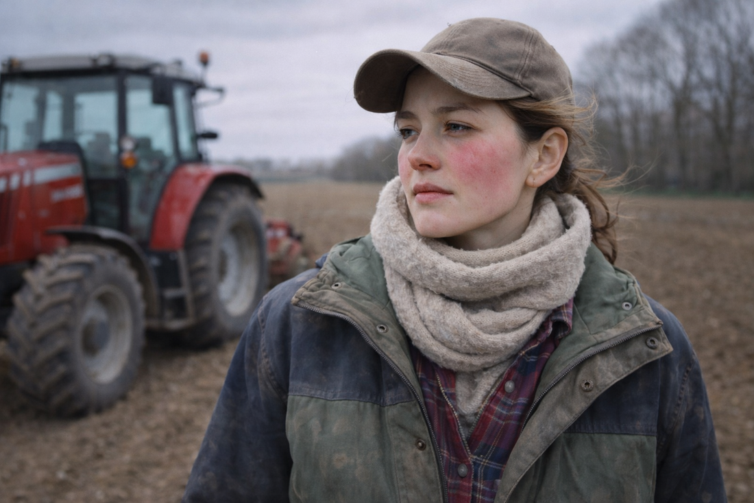 agricultrice visage rouge dehors dans les champs reaction peau au froid et au vent