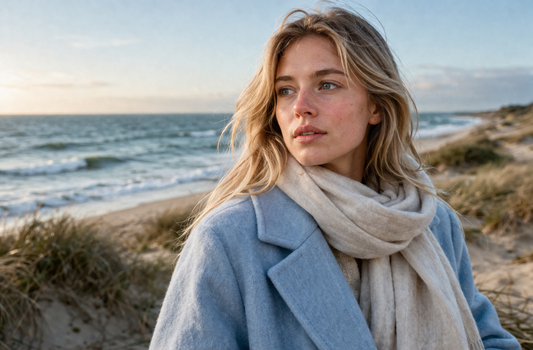 Femme nordique en extérieur avec peau légèrement rouge due au froid, réaction naturelle du visage face aux variations de température