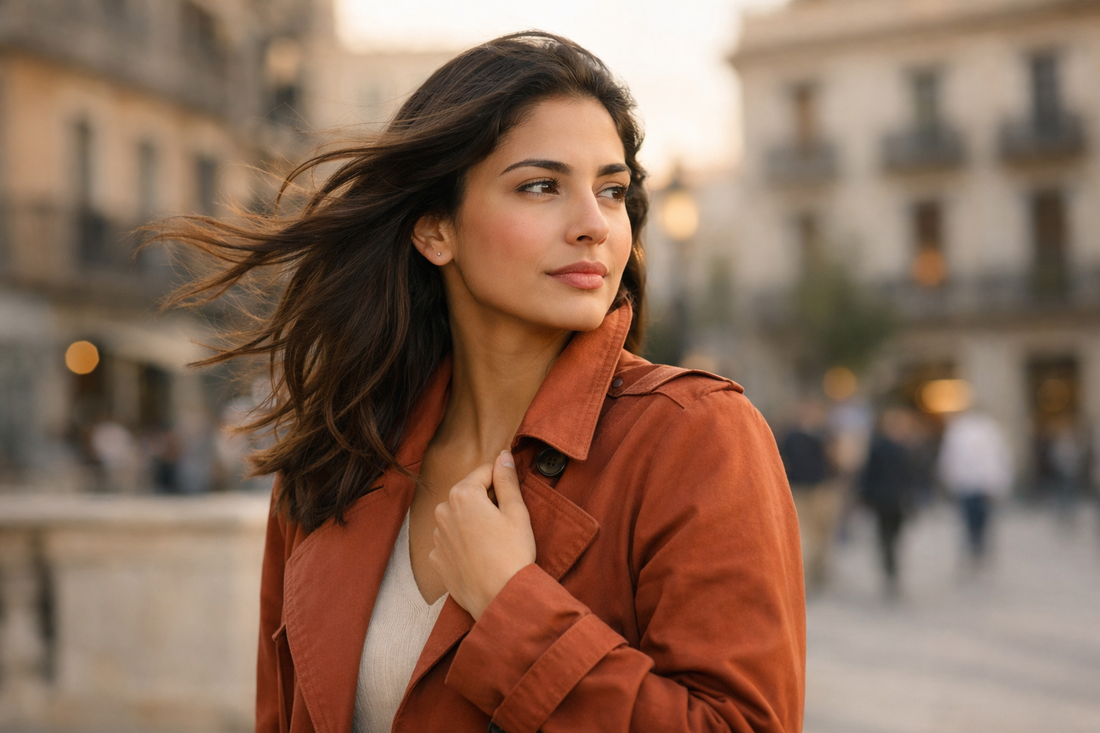 Femme méditerranéenne en extérieur urbain avec peau légèrement rouge réagissant au vent et aux conditions extérieures