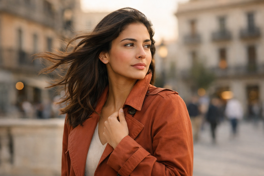 Femme méditerranéenne en extérieur urbain avec peau légèrement rouge réagissant au vent et aux conditions extérieures