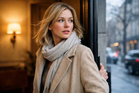 Femme blonde en manteau beige passant de l’intérieur chaud à l’extérieur froid avec une légère rougeur sur le visage, réaction immédiate de la peau