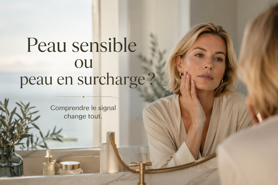 Femme élégante observant sa peau dans un intérieur chic et lumineux illustrant la différence entre peau sensible et peau en surcharge selon Bellasteria.