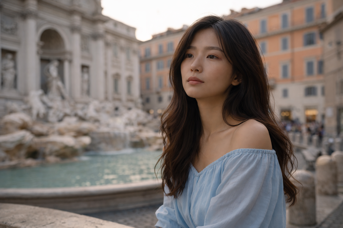 femme asiatique rome fontaine teint terne peau visage lumiere naturelle regard introspectif Bellasteria