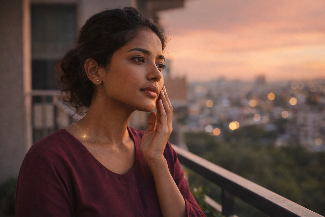 peau qui tiraille le soir femme indienne touchant sa joue sensation de tension visage en fin de journée