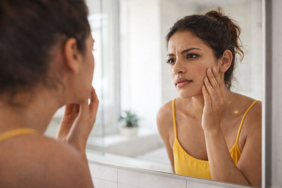 peau qui tiraille femme observant sa peau dans le miroir manque hydratation visage