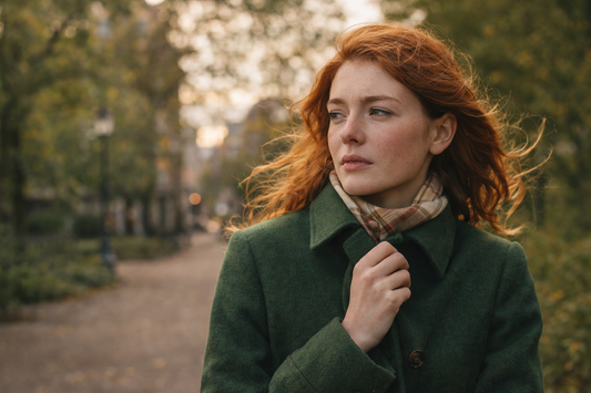 Femme rousse en manteau vert dans un parc urbain, exposée au vent avec une sensation de peau qui tiraille, lumière douce naturelle
