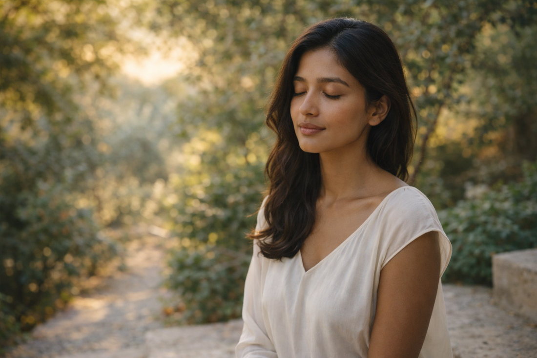 Femme dans un environnement naturel les yeux fermés, lumière douce, illustrant la perte de fermeté du visage et un moment d’apaisement