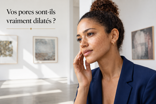 Femme observant sa peau dans une galerie d'art lumineuse pour illustrer la différence entre des pores dilatés et des pores encombrés sur le visage.
