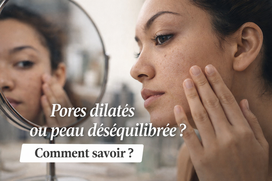 Femme observant sa peau dans un miroir pour comprendre si ses pores sont dilatés ou si sa peau est déséquilibrée, texture visible et lumière naturelle douce