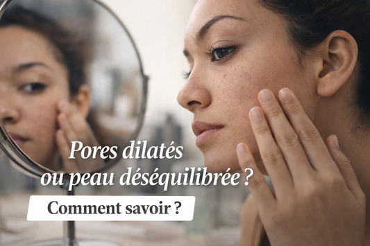 Femme observant sa peau dans un miroir pour comprendre si ses pores sont dilatés ou si sa peau est déséquilibrée, texture visible et lumière naturelle douce