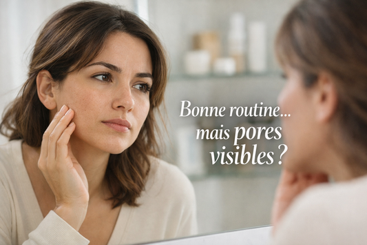 Femme observant ses pores dilatés dans un miroir malgré une routine de soins visage, peau naturelle avec texture visible et lumière douce