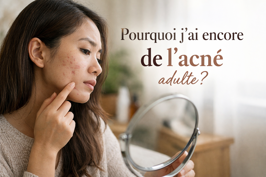 femme regardant son visage dans un miroir acné adulte boutons peau visage lumière naturelle routine peau bellasteria