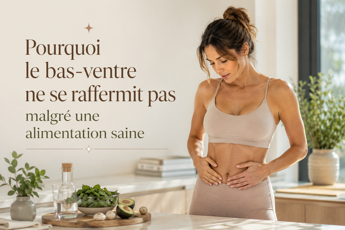 Femme dans une cuisine moderne observant le bas de son ventre avec le texte « Pourquoi le bas-ventre ne se raffermit pas malgré une alimentation saine » dans une ambiance lifestyle premium Bellasteria.