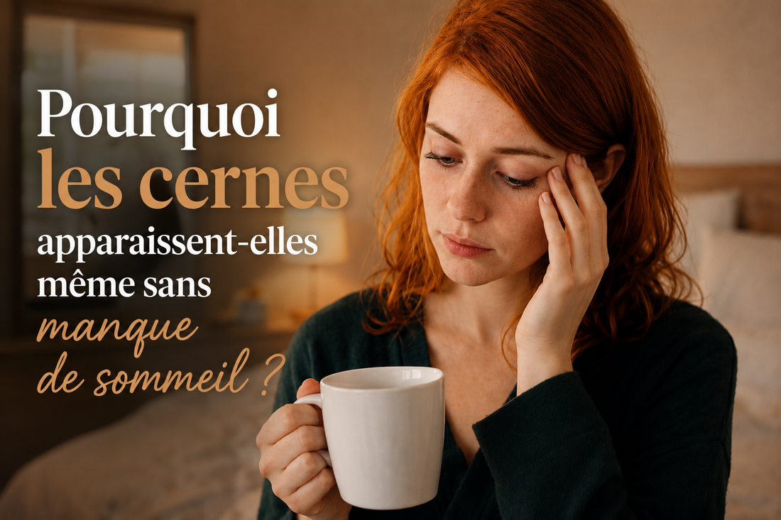 Femme rousse tenant une tasse dans une chambre chaleureuse, regard marqué par des cernes malgré une bonne nuit de sommeil, illustration éditoriale Bellasteria sur les causes des cernes sans fatigue apparente.