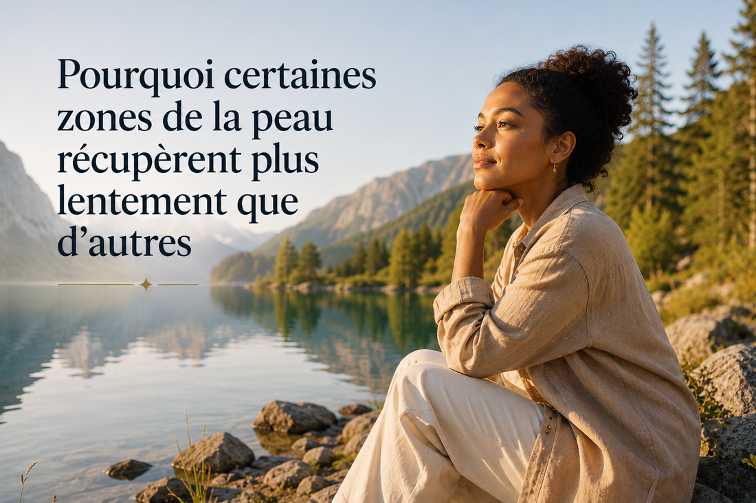 Pourquoi certaines zones de la peau récupèrent plus lentement que d’autres : femme contemplant un lac de montagne illustrant les différences de rythme biologique et d’adaptation cutanée.
