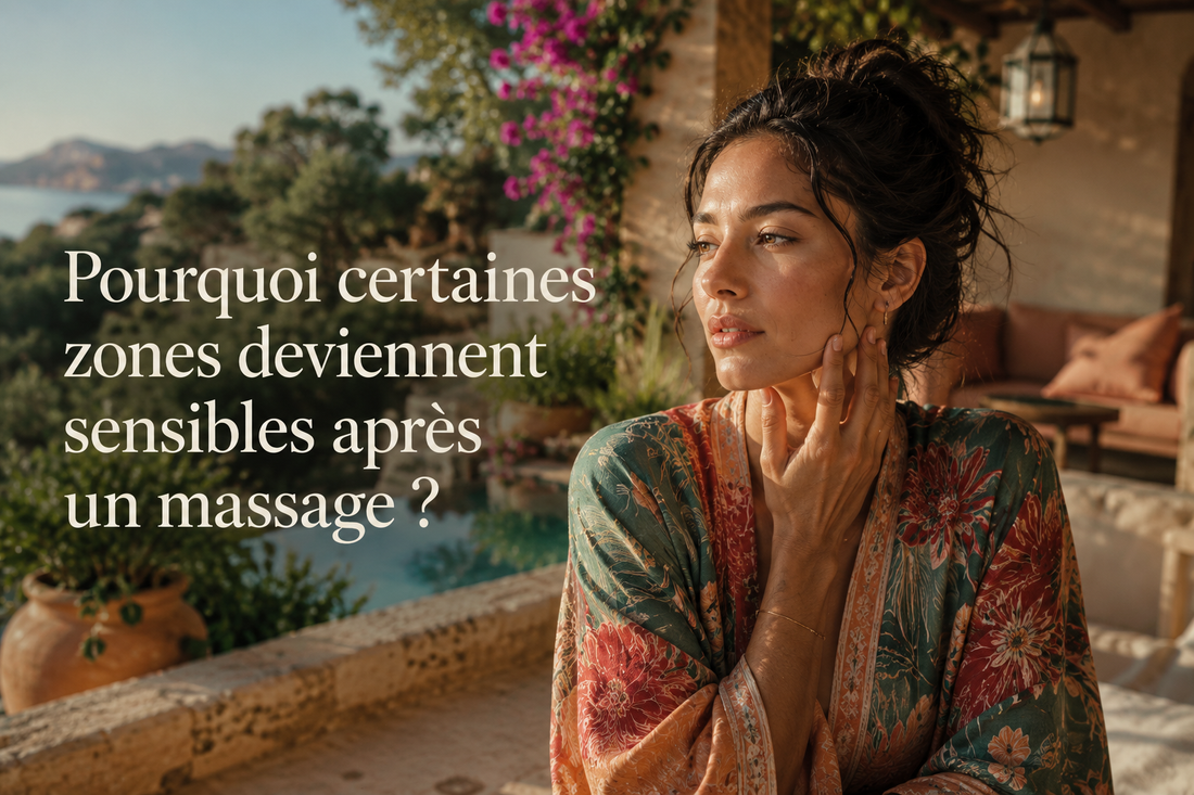 Femme observant sa peau après un massage dans un spa extérieur méditerranéen, illustration de la sensibilité cutanée après stimulation des tissus.
