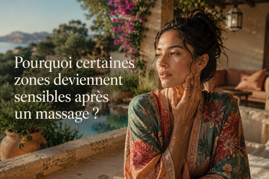 Femme observant sa peau après un massage dans un spa extérieur méditerranéen, illustration de la sensibilité cutanée après stimulation des tissus.