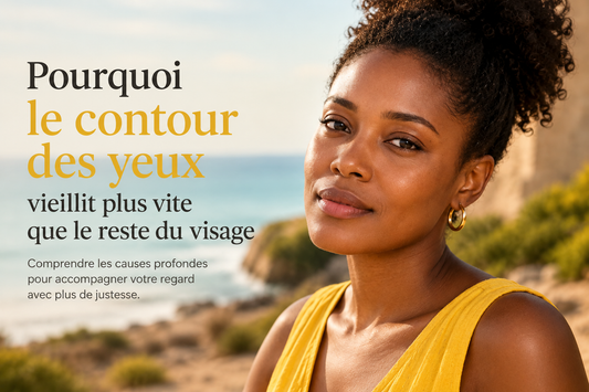 Femme afro-descendante au regard lumineux face à la mer, illustrant pourquoi le contour des yeux vieillit souvent plus vite que le reste du visage dans une approche beauté premium Bellasteria.